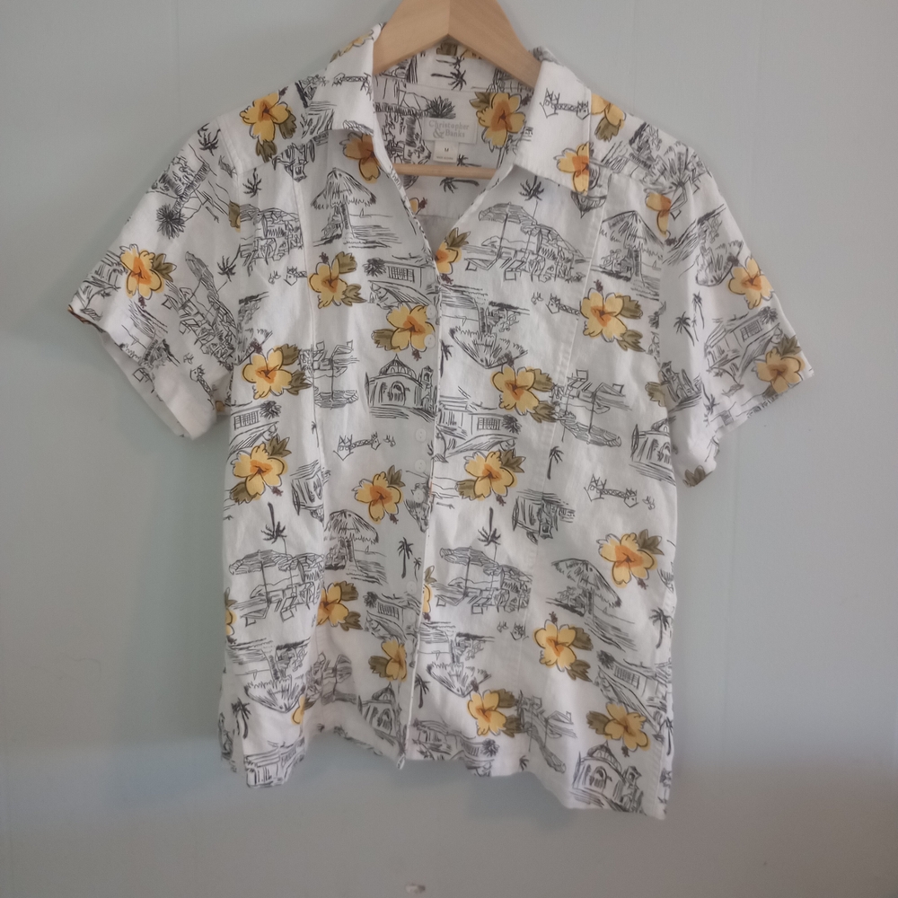 Christopher & Banks White and Yellow Floral Button Down Shirt
